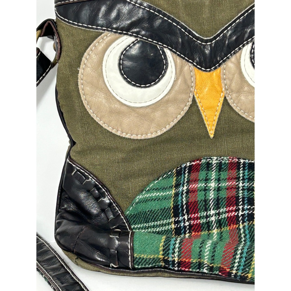 Owl Canvas Plaid Mixed Media Crossbody Bag‎ Olive Green Black Small Messenger - Picture 2 of 7